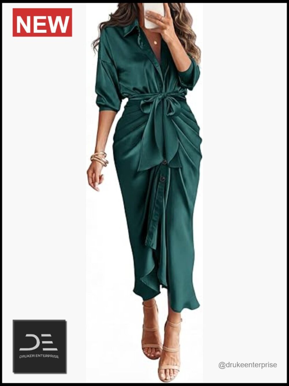 Long Sleeve V Neck Button Down Elegant Belted Ruched Satin Shirt Dress